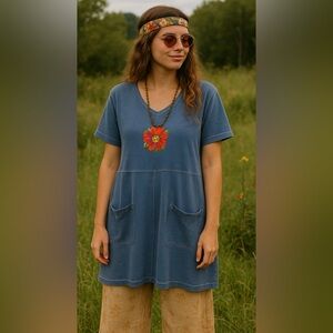 Vintage Fresh Produce Blue Daisy Midi Dress USA Cottagecore Boho‎ A-line Medium